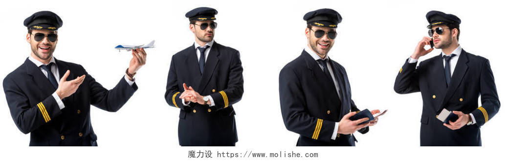 在黑色制服英俊的飞行员拼贴画举行玩具飞机